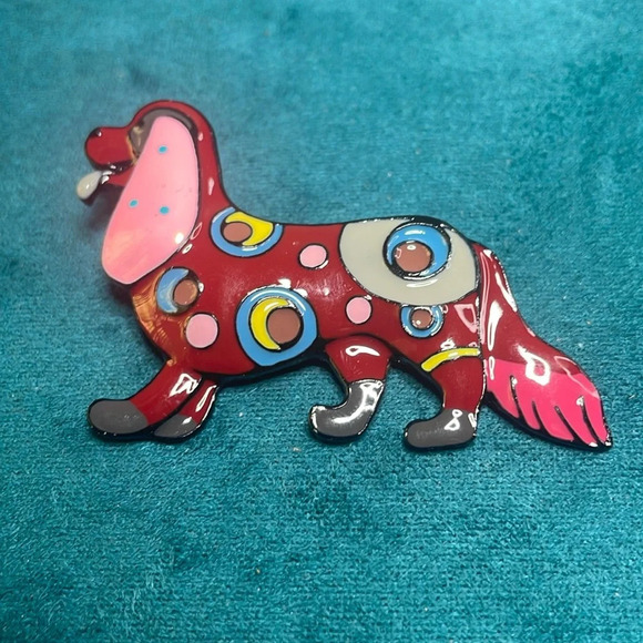 Cute Maroon Polka Dot Dog Brooch - Picture 1 of 5